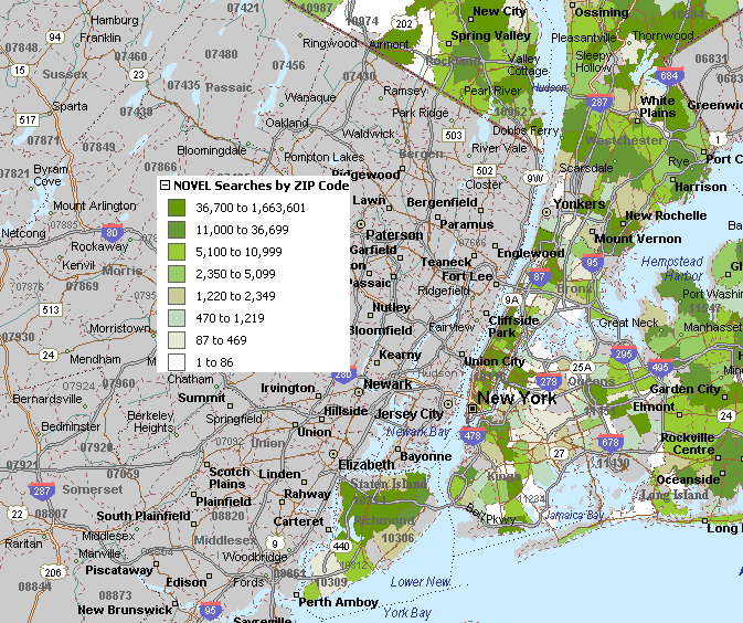 Map 10 – NOVEL Usage (Searches) by Zip Code – Greater New York City Area 