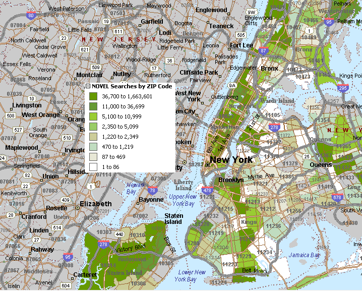 map 11 shows NOVEL searches in New York City in 2005