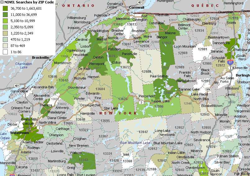 map 7 shows NOVEL searches in NY's Adirondack region in 2005