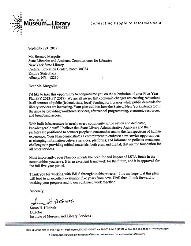 2012-17 Plan approval letter from IMLS; click on the image to see a .PDF version. Text of the letter is below.