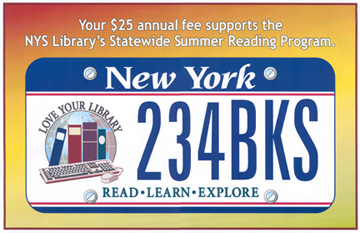 NY's 'Love Your Library' license plate; proceeds from annual fees benefit the Summer Reading Program.