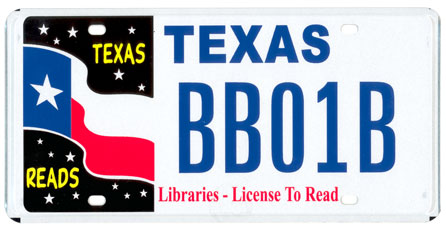 'Texas Reads' license plate. Click on the plate for more information from the Texas DMV.