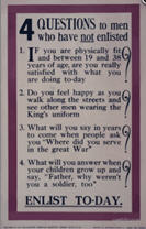 English WWI recruiting poster: 4 Questions to Men Who Have Not Enlisted 