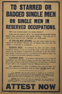 English WWI recruiting poster: To Starred or Badged Single Men 
