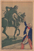 French WWI poster: image of a statue of Lafayette shaking hands with Uncle Sam