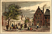 Print of a street in colonial Albany, On the right is a large three-story, brick house, and several people, on foot or horseback, are walking along the street.
