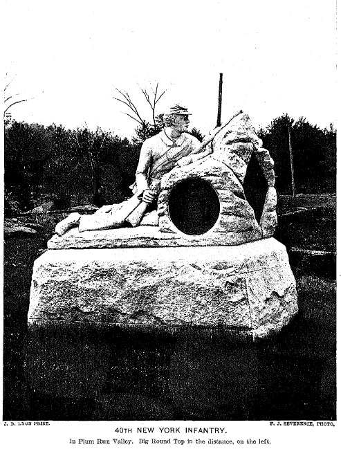 1900 photo of the monument to the 40th New York Infantry in Plum Run Valley, Gettysburg, with Big Round Top in the distance, on the left.