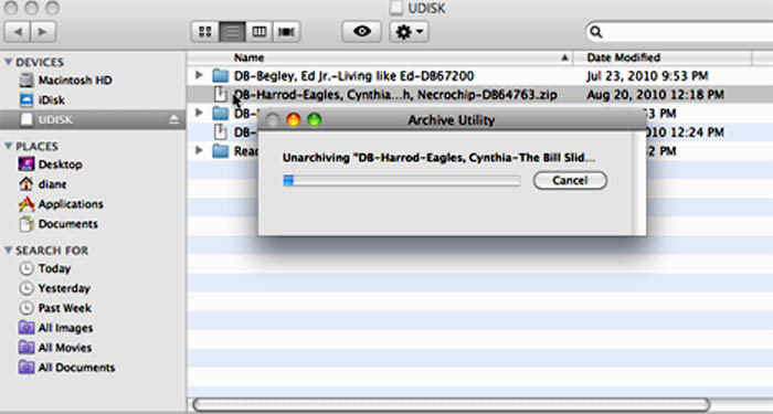 Screenshot of the Finder window, with the Archive Utility window in front of it while the file DB-Harrod-Eagles... is being unzipped.