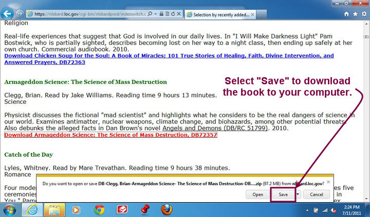Screenshot 1, showing a page from BARD where a patron has just started to download a book. The Save option is highlighted.