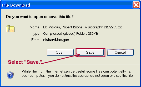A screenshot showing the File Download window, with the Save button highlighted.