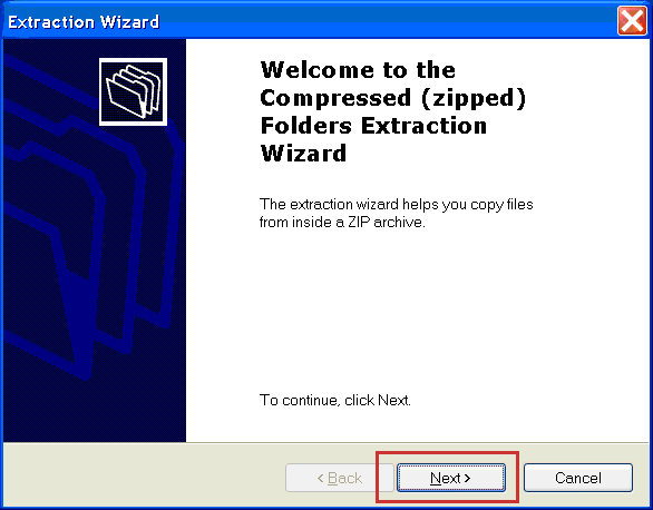A screenshot of the Extraction Wizard window, which says 'Welcome to the Compressed (zipped) Folders Extraction Window... To continue, click Next.