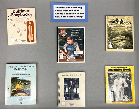 Dulcimer and Folk Music exhibit: center case with dulcimer books