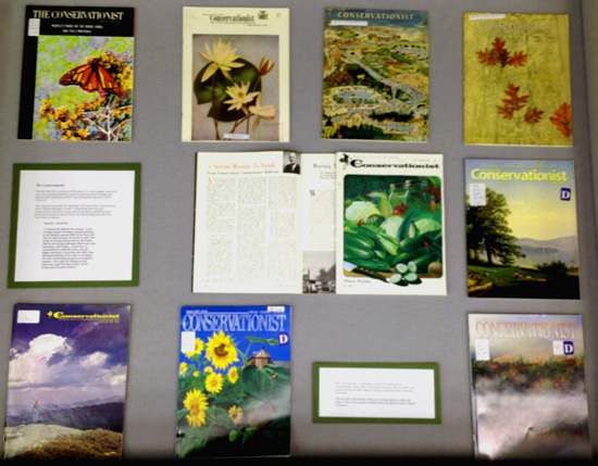 Left display case, showing a selection of issues of The Conservationist magazine
