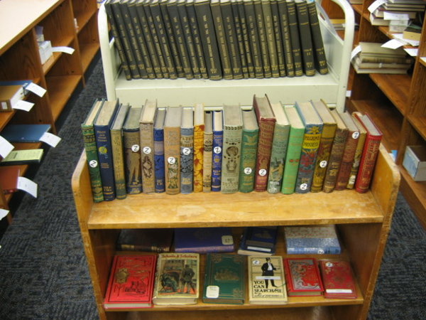 Circulation Desk patron reserve area with two carts of books