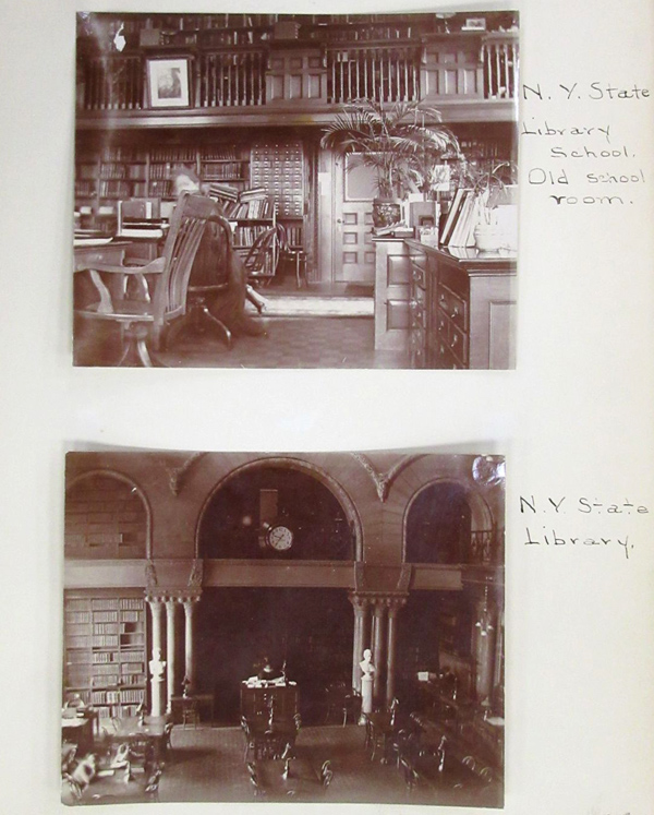 page 3 of photo album, circa 1896, with images of NYS Library and Library Schoolroom