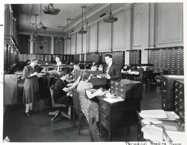 Reading Room in the Education Building in the 1940s, with staff and patrons.