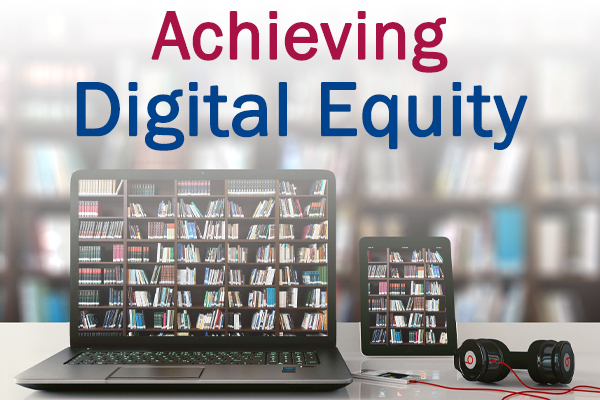 : Stairs of Cultural Education Center, Achieving Digital Equity in text. Links to Digital Equity Initiatives page.