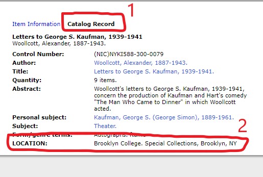 Screenshot of a catalog record, indicating where to find the location of HDI materials