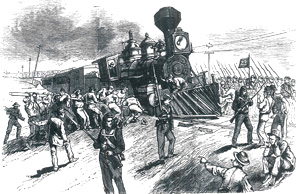 Illustration of railroad strike from Frank Leslie's Illustrated Newspaper (August 11, 1887)