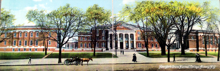 panoramic postcard of Albany College.