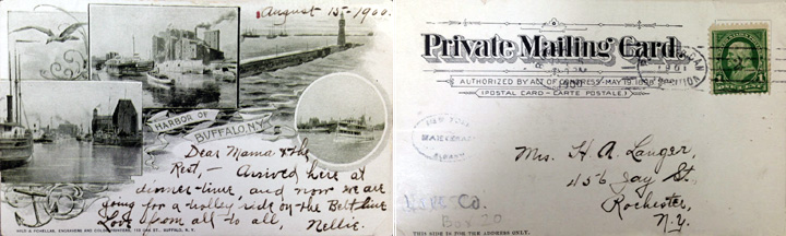 Postcard (front and back) of scenes from the harbor of Buffalo.
