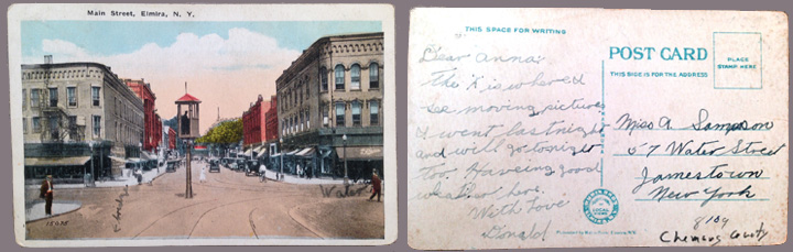 White-bordered postcard of Main Street in Elmira, NY