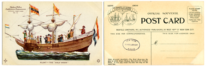 Postcard of a float representing Henry Hudson's ship