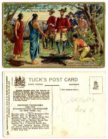 Tuck postcard showing Henry Hudson trading with Indians
