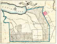 A map showing Oneida Lake in the upper left-hand corner, with the boundary of the Oneida Reservation, to the south and west of the Lake, outlined in blue.