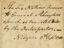 A fragment of a 1783 letter which reads: The Six Nations answer to General Schuyler's speech, as translated by the Interpreter -- Niagara 8th Sept. 1783.