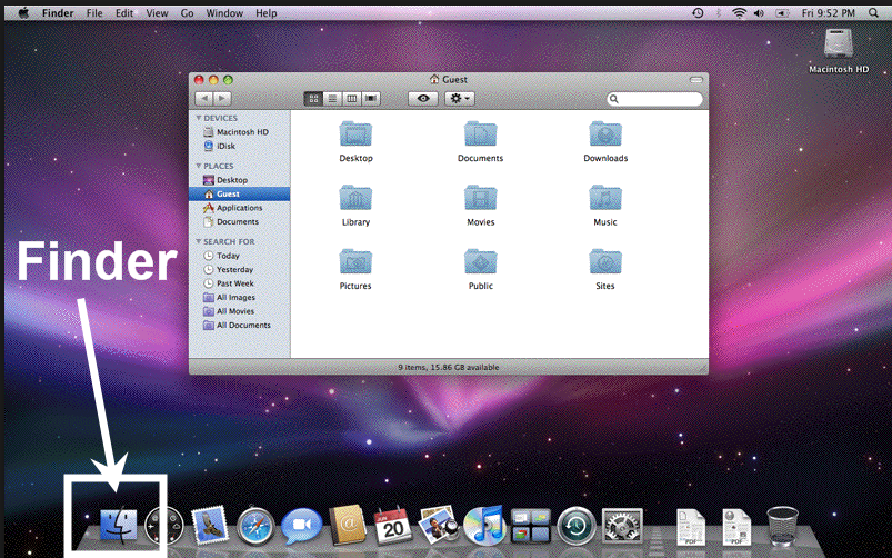 Mac desktop with Finder icon, in the lower left-hand corner, highlighted.