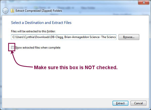 Screenshot 5 shows the 'Extract Compressed (Zipped) Folders' dialog box. The checkbox for 'Show extracted files...,' which should not be checked, is highlighted.