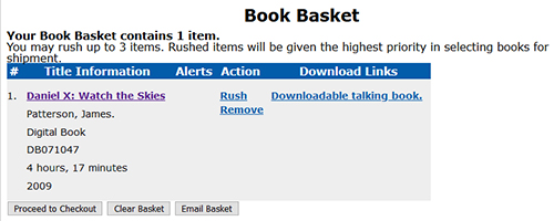 Book Basket with listed items and options to proceed to checkout, clear basket, or email basket